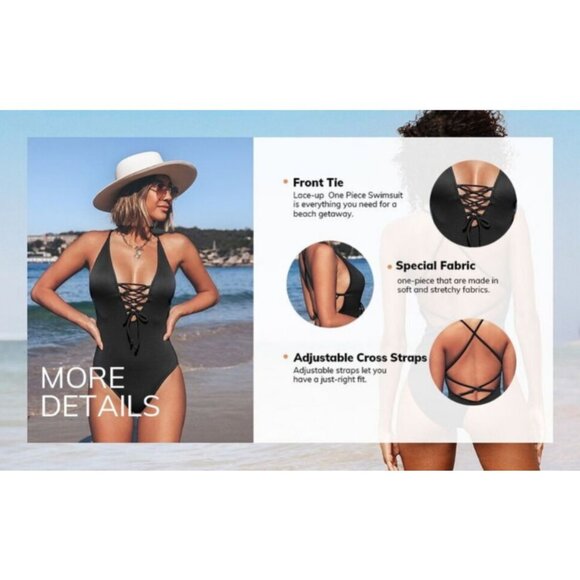 **Cupshe** Women's V Neck One Piece Swimsuit Lace Up Bathing S Black - Picture 7 of 9